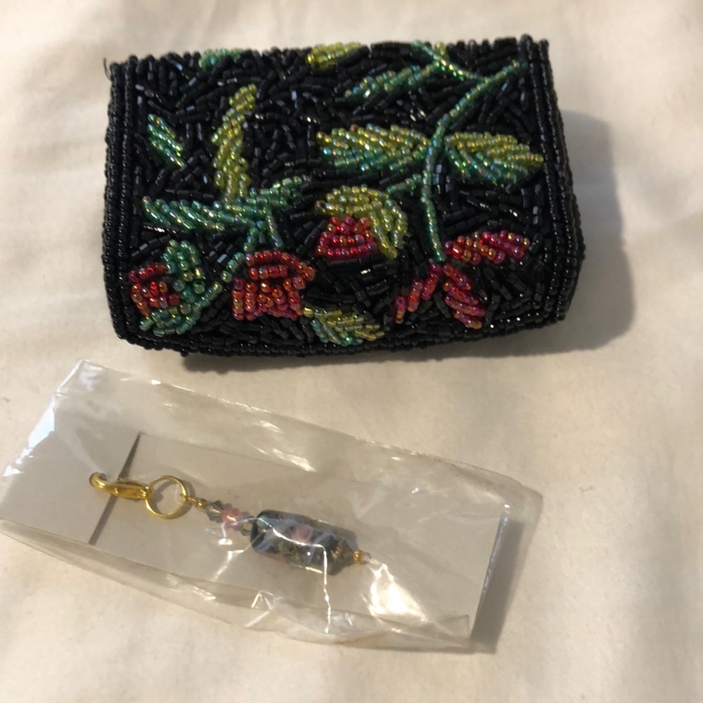 Embroidered Black Beaded lipstick case vintage with japanese keychain